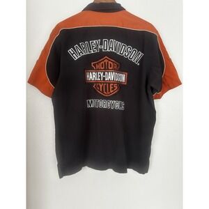 Harley Davidson Mens Large Short Sleeve Collector‎ Shirt Button Up Orange Black